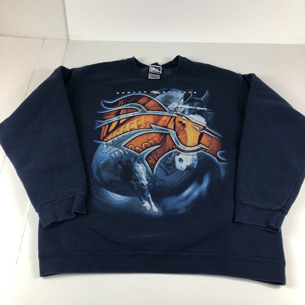 VTG Pro Player Denver Broncos Sweatshirt Adult Large Blue Fade Big Logo Crewneck